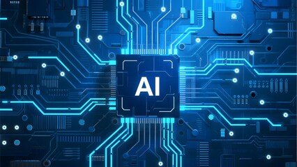 AI Chip on Blue Circuit Board Background