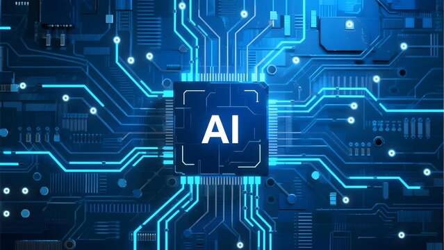 AI Chip on Blue Circuit Board Background