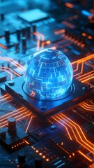 Futuristic Circuit Board with Glowing Blue Sphere