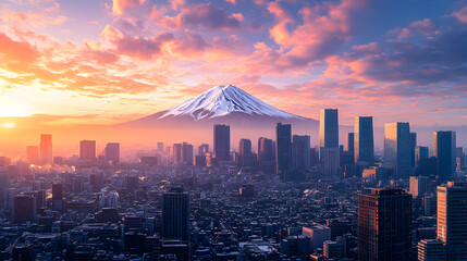 Naklejka premium Panoramic twilight view of Tokyo skyline with snow-covered Mount Fuji, majestic urban cityscape of Japan, dynamic commercial and editorial travel background showcasing modern architecture and nature