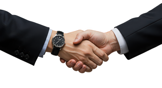Close up of a handshake between two business people with a watch isolated on transparent background
