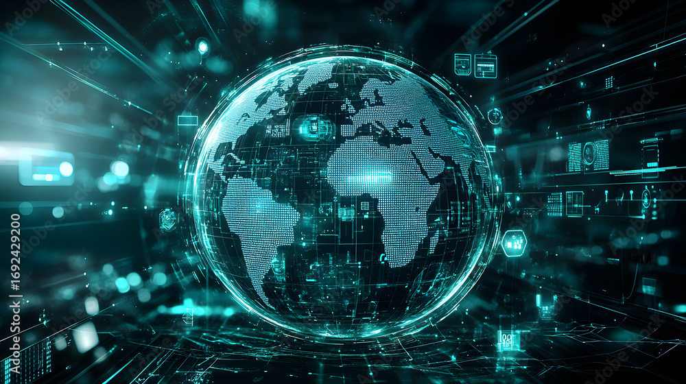 Poster futuristic transparent globe background with holographic 3d interface, advanced global network techn