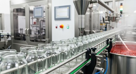 Fototapeta premium Medium shot showing conveyor belt transporting empty jars ready for filling with freshly cooked strawberry jam in a hightech production facility.