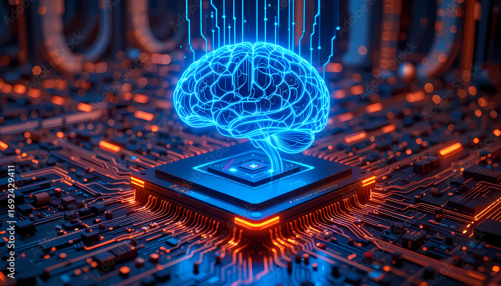 Aufkleber digital brain on a circuit board, a concept of artificial intelligence, machine learning, and techno