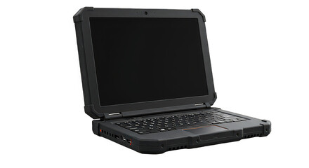 Rugged laptop isolated on transparent background, designed for durability and reliability in harsh environments, ideal for field work and outdoor use