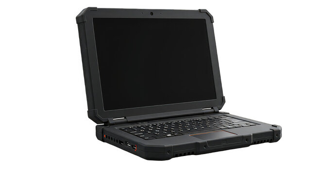 Rugged laptop isolated on transparent background, designed for durability and reliability in harsh environments, ideal for field work and outdoor use