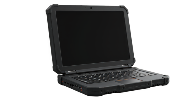 Rugged laptop isolated on transparent background, designed for durability and reliability in harsh environments, ideal for field work and outdoor use