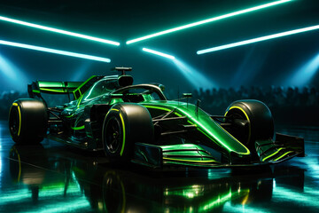 Formula 1 green racing car on futuristic neon stage. Concept of motorsport engineering, innovation, speed, technology, and prestige with dramatic emotional atmosphere.
