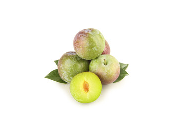 Fresh Green Plums with Cut Half Showing Flesh - Healthy Summer Stone Fruit