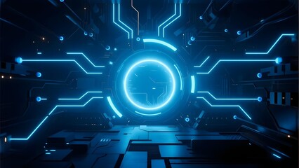 Futuristic digital tunnel with glowing blue circuits and a central light circle