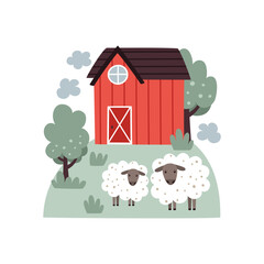 Farmhouse on a meadow with sheep. Print for printing on clothes, postcards, posters.