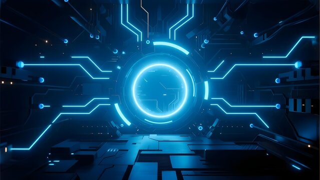 Futuristic digital tunnel with glowing blue circuits and a central light circle - Powered by Adobe
