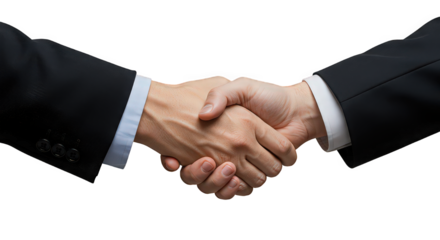 Close up of a handshake between two business people isolated on transparent background, symbolizing agreement and partnership in a professional setting