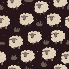 Seamless pattern with sheep and grass on a dark background.
