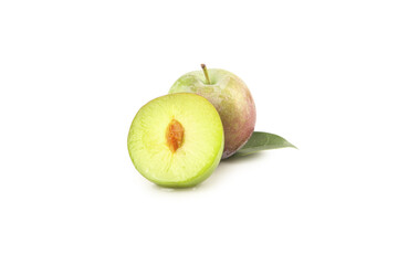 Fresh Sweet Plums Cut in Half Showing Pit and Flesh on White Background