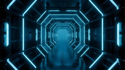 Neon-lit futuristic corridor with geometric patterns and blue lighting