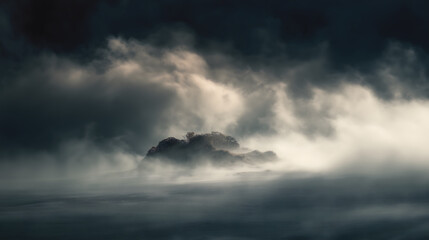 Isolated island in clouds evokes sense of mystery and tranquility, adrift among ethereal expanse above