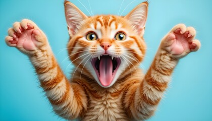 Funny and Aggressive Orange Tabby Cat with Mouth Open and Paws Up, a Playful Portrait on a Blue Background.