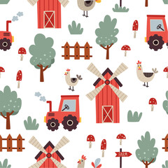 Pattern with red houses, chickens on a forest background.