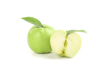 Fresh Green Shaanxi Apples - Whole and Sliced Crisp Sweet Fruit with Water Drops on White Background