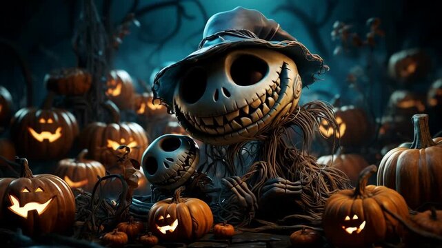 Two whimsical characters with skull-like faces are surrounded by glowing pumpkins in an eerie, moonlit setting, creating a joyful yet spooky atmosphere