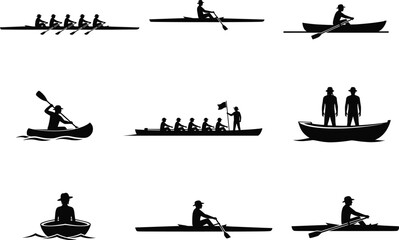 Silhouette rowing people in boats, kayak and canoe vector illustration set, team rowing, single rower, paddling activity, water sports clipart © Shafik Creatives
