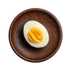 White boiled egg yellow egg yolk in brown plate on transparent background
