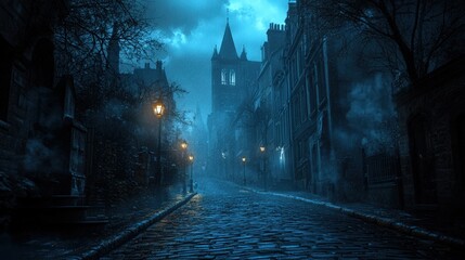 Fototapeta premium A dark, atmospheric street scene illuminated by gas lamps, featuring cobblestone paths and gothic architecture, evoking a mysterious, eerie ambiance.