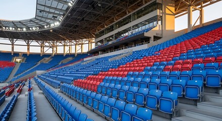 Naklejka premium Empty colorful seats inside modern sports stadium 