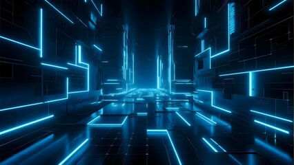 Futuristic Corridor with Blue Neon Lights and Geometric Patterns