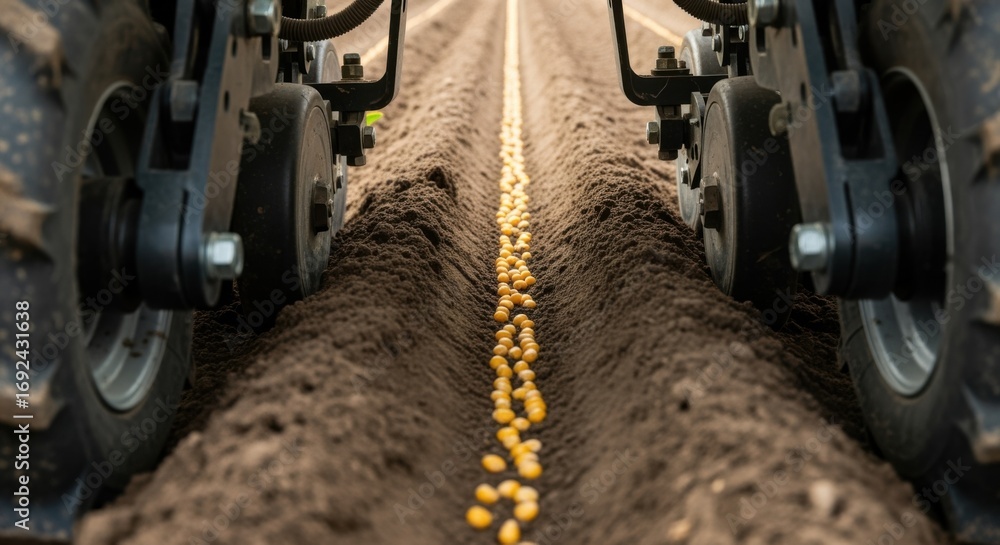 Poster medium shot capturing the even distribution of corn seeds at medium depth highlighting machinery set