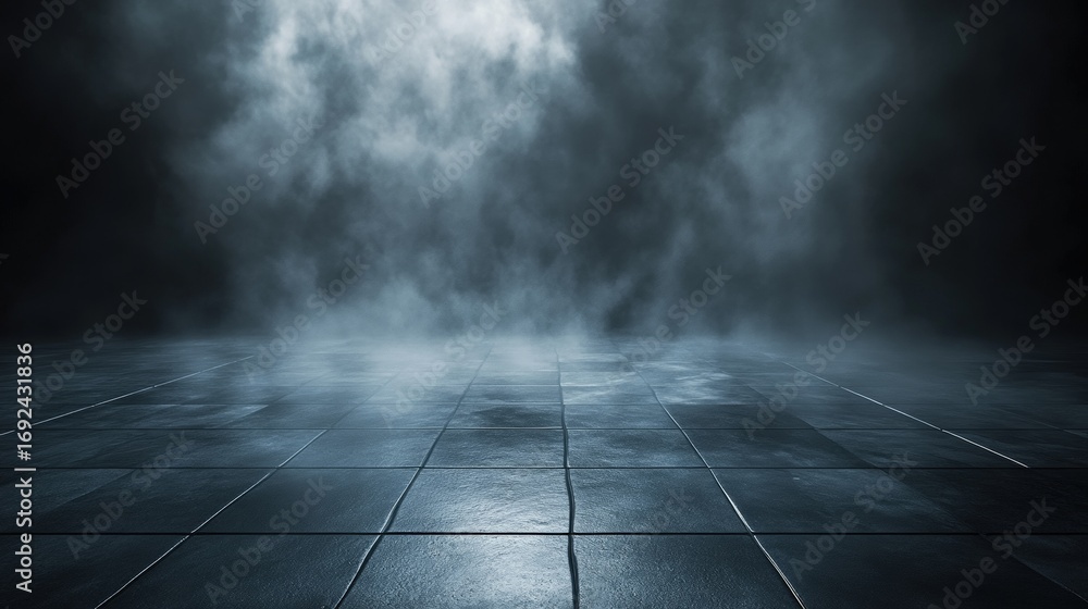 Poster a misty, dark scene with a reflective tiled surface, illuminated by subtle light lines, creating an 
