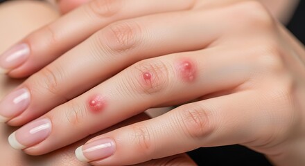 Close up of a hand with red blisters on fingers.