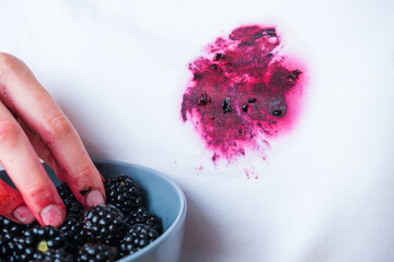A hand grips ripe blackberries, their juice staining fingertips and a white shirt nearby. The...