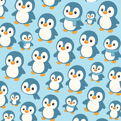 Fototapeta premium Cute seamless pattern with adorable cartoon baby penguins on a blue background. Cheerful winter arctic animal illustration for kids.