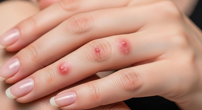 Close up of a hand with red blisters on fingers.