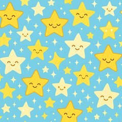 Cute seamless pattern with happy and dreamy kawaii star characters. Cheerful sparkling night sky cartoon background for kids.