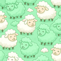 Cute seamless pattern with sweet cartoon sheep and lambs on a green background. Charming fluffy farm animal illustration for kids.