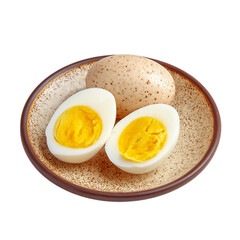 White boiled egg yellow egg yolk in brown plate on transparent background