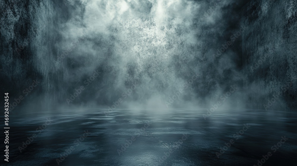 Poster a dark, misty landscape with a reflective water surface and textured walls, creating a mysterious an