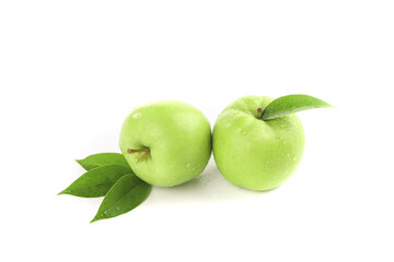 Fresh Green Apples with Leaves Isolated on White Background