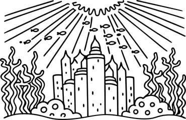 Underwater castle with seaweed, fish, and rays of sunlight ocean fantasy, marine adventure illustration