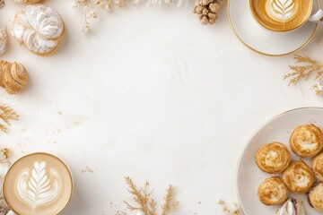 Xícara de café elegante com detalhes dourados, acompanhada de doces e decorações festivas em fundo branco, criada com IA generativa para um visual sofisticado e convidativo