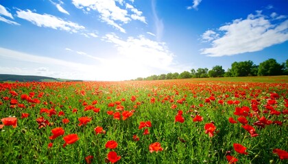 A vast field of vibrant red poppies under a vibrant blue sky