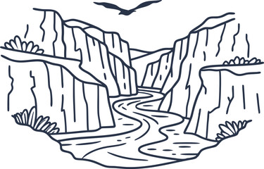 Winding river and canyon landscape with soaring bird overhead majestic valley cliffs, natural rock formation scene