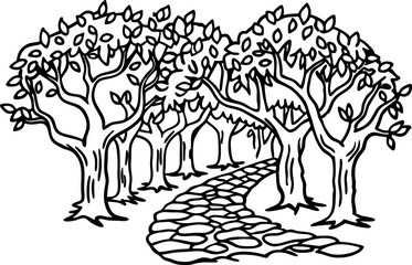 Stone pathway winding through rows of leafy trees in peaceful orchard hand drawn black and white illustration