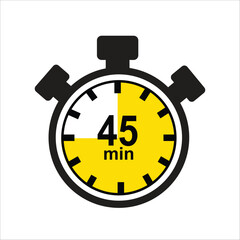 45 Minutes Timer Icon, Modern Flat Design. Clock, Stopwatch, Chronometer Showing ten Minutes Label. Cooking time, Countdown Indication