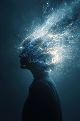 Cosmic Mind - Silhouette with Exploding Nebula of Thought and Energy.