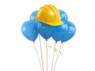 Construction Hard Hat on Blue Balloons Celebration Concept on transparent background