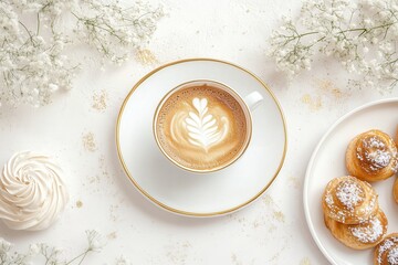 Xícara de café elegante com detalhes dourados, acompanhada de doces e decorações festivas em fundo branco, criada com IA generativa para um visual sofisticado e convidativo